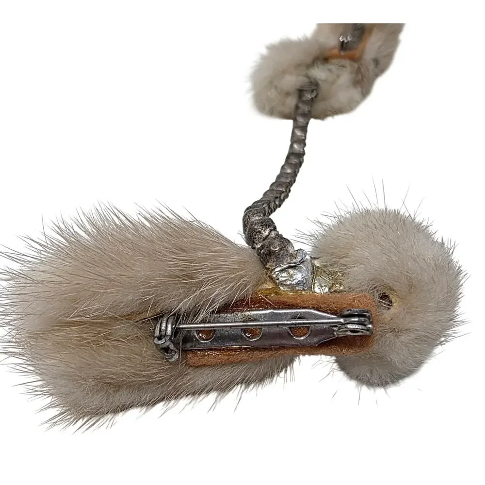 Vintage Mink Fur Mouse Sweater Guard Rhinestone Chain Double Brooch